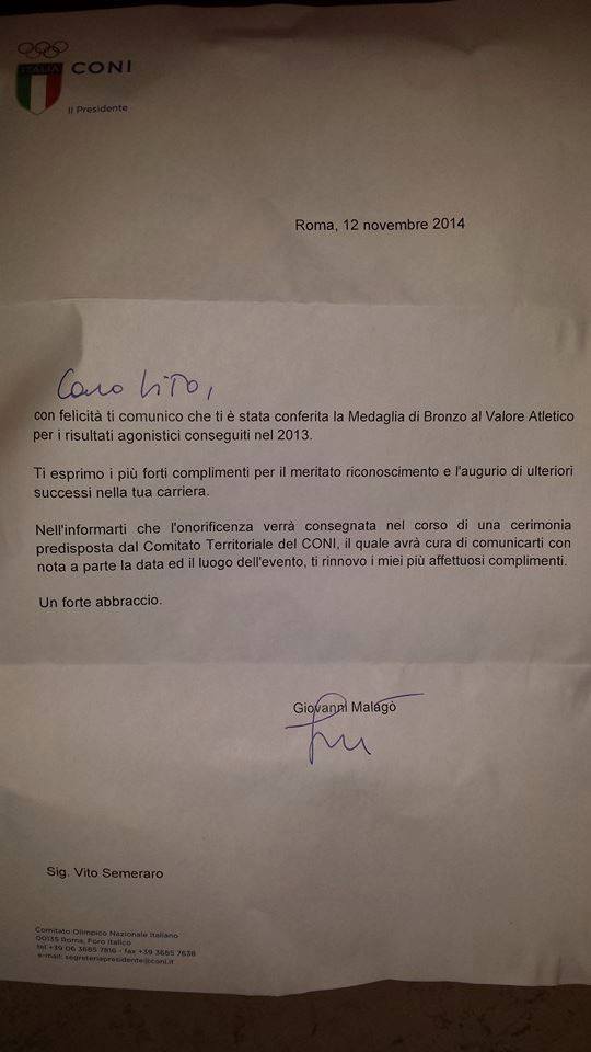 Lettera del Presidente del Coni Malagò a Vito Semeraro per l'onorificenza ricevuta.